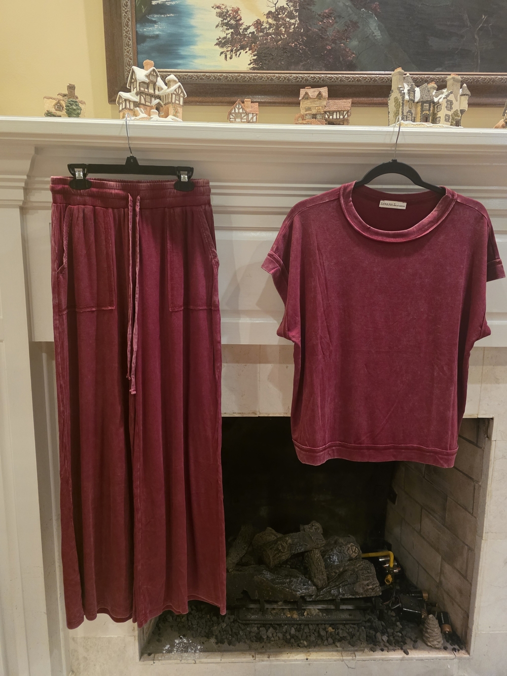 Zenana Outfitters Washed Cabernet Wide-Leg No uu Pants & Short Sleeve Top Set